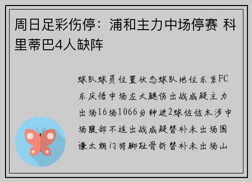 周日足彩伤停：浦和主力中场停赛 科里蒂巴4人缺阵